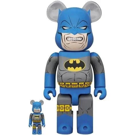 400% & 100% Bearbrick set featuring Batman in blue Batsuit from The Dark Knight Returns.
