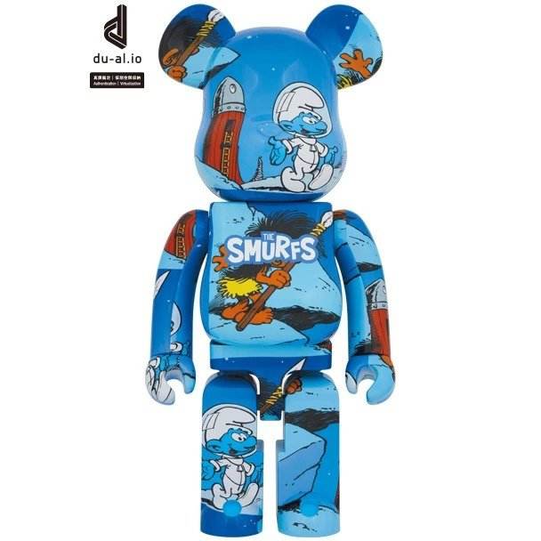 1000% Bearbrick Astrosmurf figure featuring retro Smurfs design from Medicom Toys.