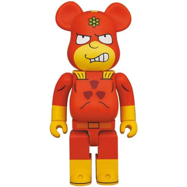 1000 Bearbrick figure of Radioactive Man from The Simpsons in red and yellow design