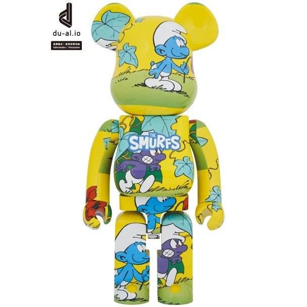 1000% Bearbrick - The Purple Smurf collectible figure with Smurfs design featuring scenes from 80s cartoons.