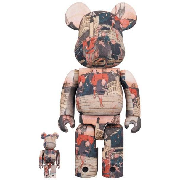 400% and 100% Bearbrick set featuring Utagawa Kuniyoshi's "The 53 Stations" artwork design