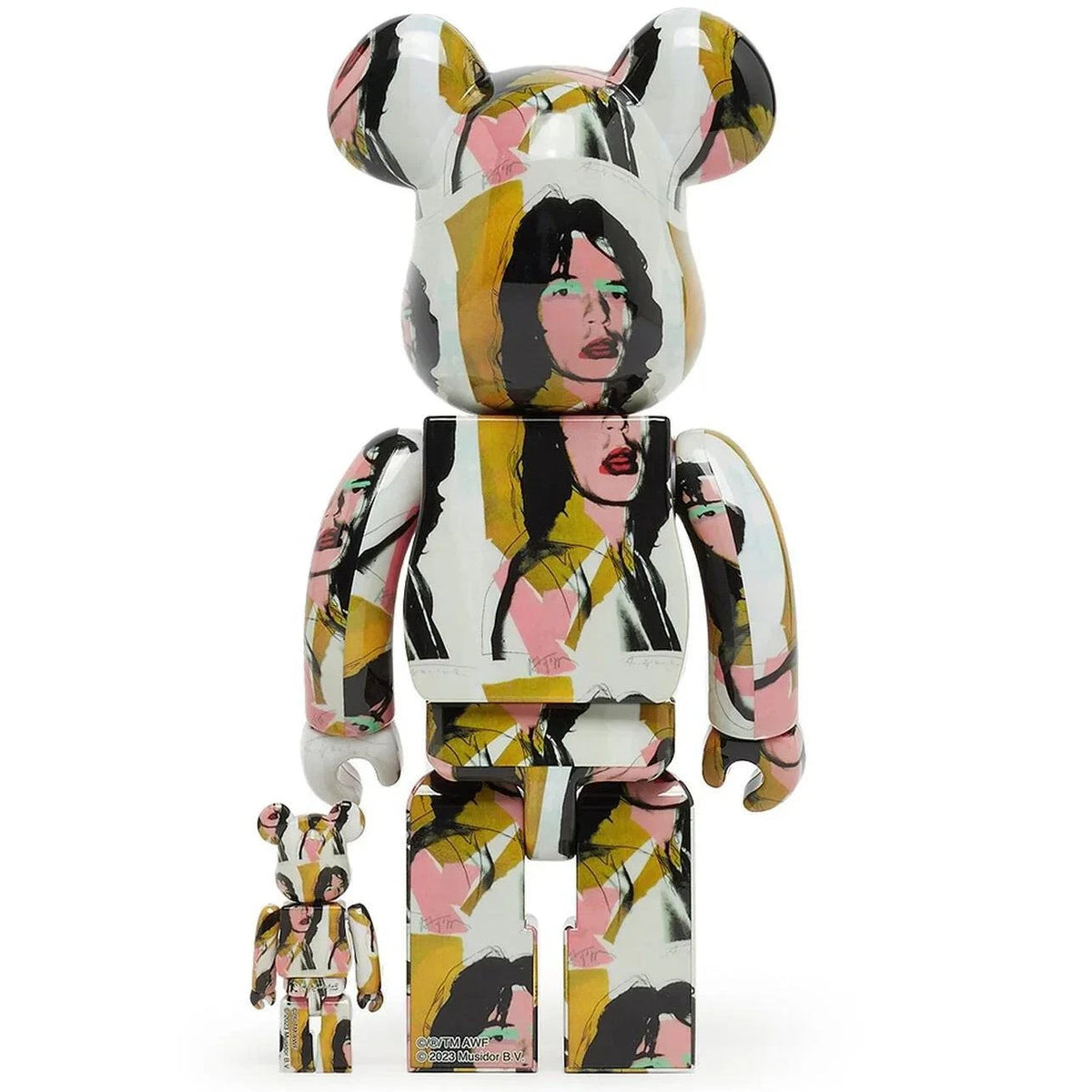 400% & 100% Bearbrick set featuring Mick Jagger design by Andy Warhol, limited edition collectible from Medicom Toys.