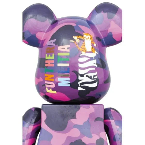 Bearbrick set featuring purple camo and tiger motif by BAPE.