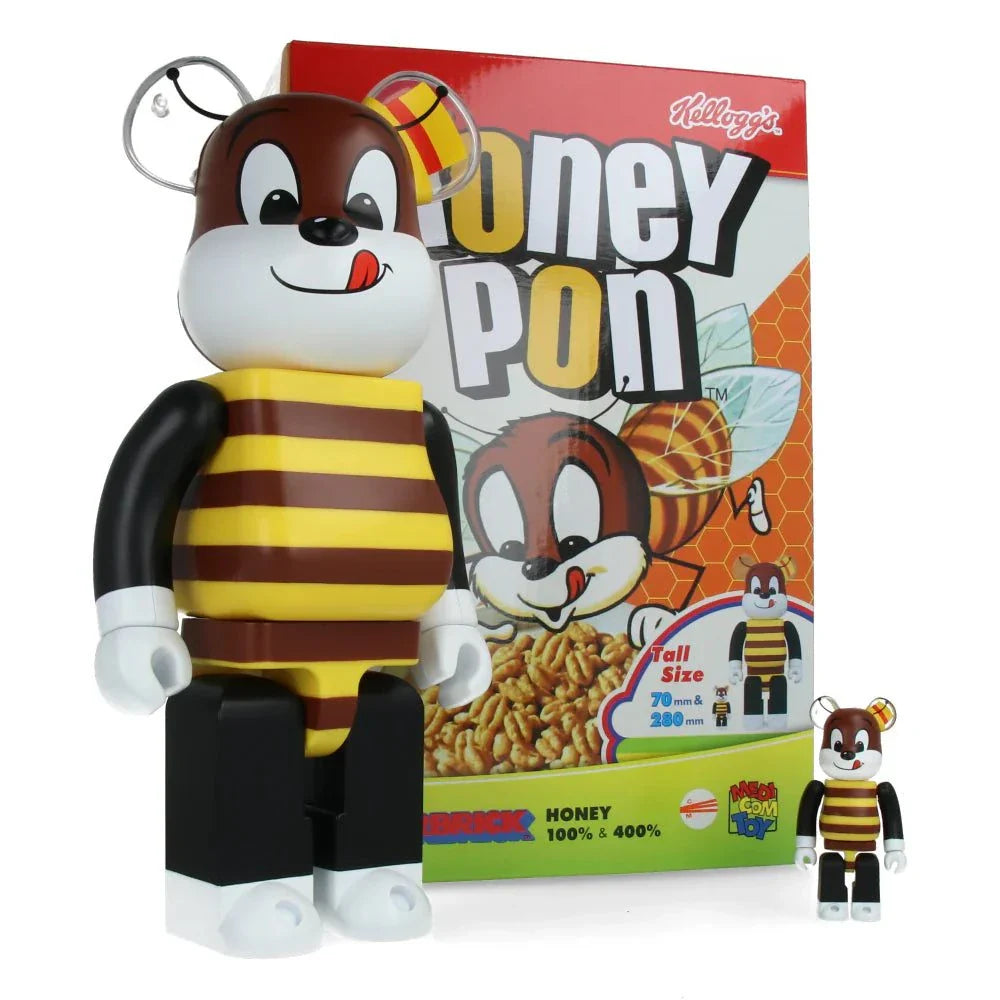400% & 100% Bearbrick set featuring Kellogg's Honey design, showcasing nostalgic cereal-themed collectibles.