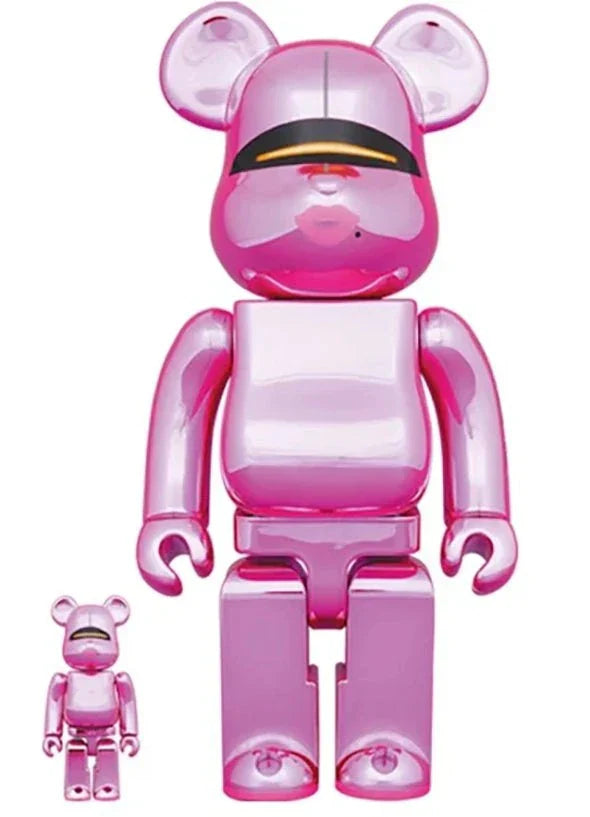 Hajime Sorayama x 2G Bearbrick set in pink chrome, featuring 400% and 100% sizes, showcasing futuristic art design.