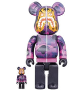 Bearbrick set Camo Tiger by BAPE in purple, featuring 100% and 400% sizes with tiger motif and purple camo design.