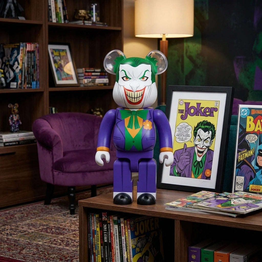 400% Bearbrick - The Joker (Batman: Hush) | This statue, on a shelf displayed or in a living room.